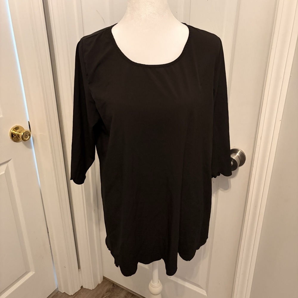 Amaryllis Women's Black Scalloped 3/4 Sleeve Tunic Top XL Classic Business EUC